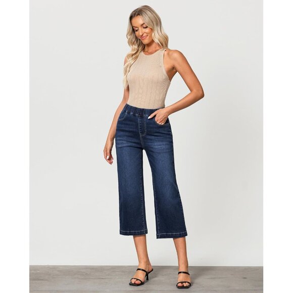 Women’s Wide Leg Capris Denim X-Large High Waist Pockets Stretchy Pants - Picture 4 of 6